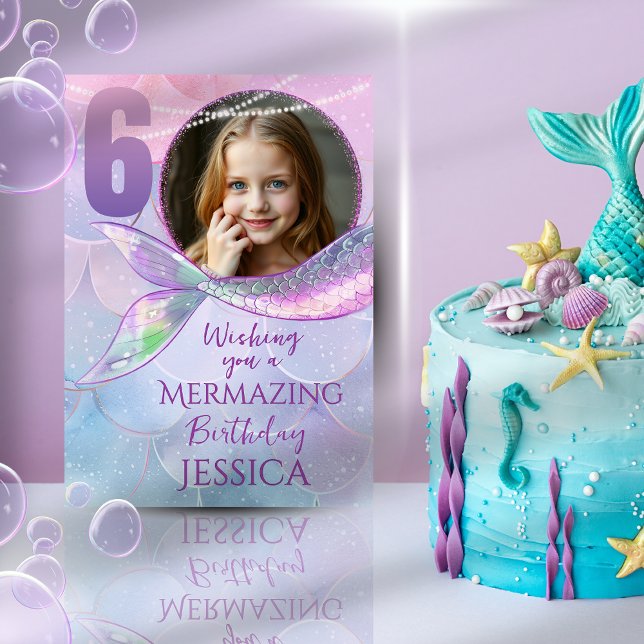 Cartão Mermaid One Photo 6th Birthday Card (Criador carregado)