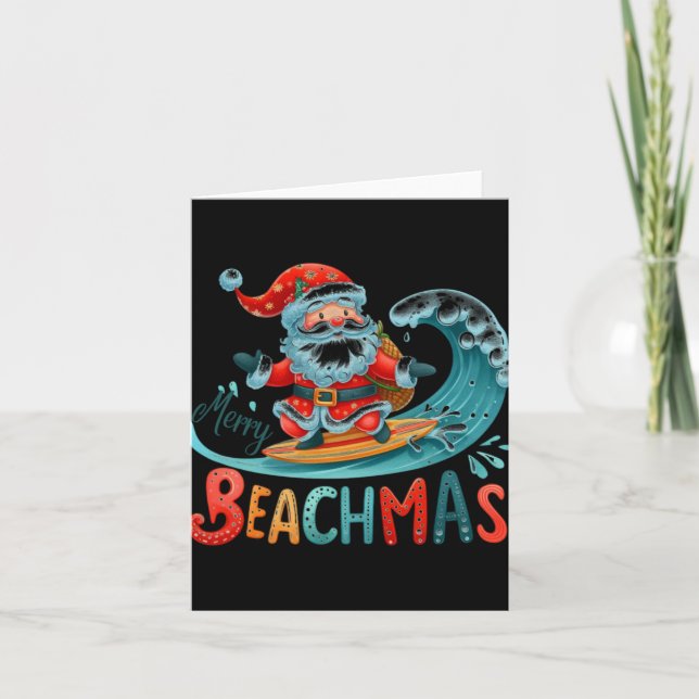 Cartão Merry Beachmas Santa Surfing Retro Design T Shirt  (Frente)