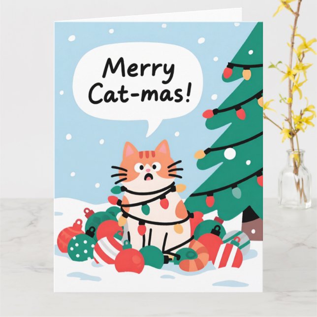 Cartão Merry Cat-Mas Cute Funny Cat Christmas (Flor Amarela)