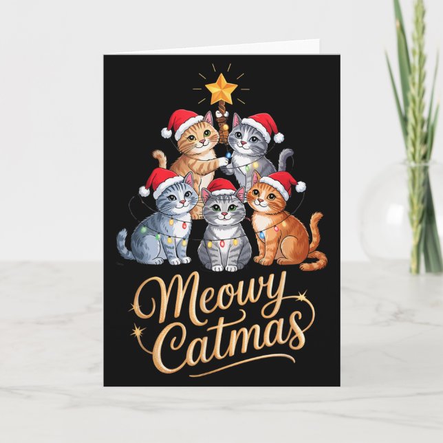Cartão Merry Catmas Funny Christmas Tree Matching Meowy X (Frente)