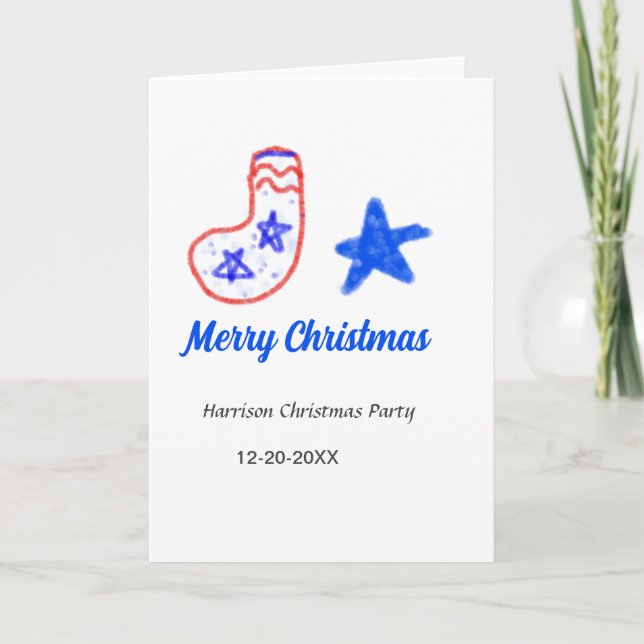 Cartão Merry Christmas blue star red stockings name date  (Frente)