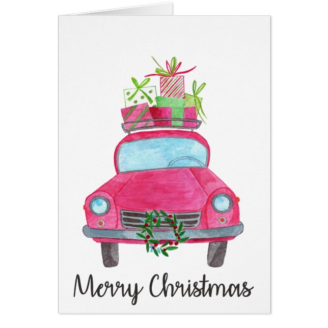 Cartão Merry Christmas Classic Car Watercolor (Frente)