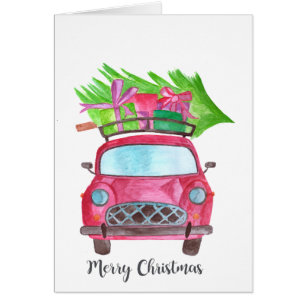 Cartão Merry Christmas Classic Car Watercolor