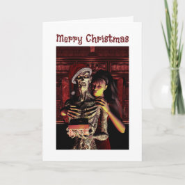 Cartão Merry Christmas. Funny skeleton with woman