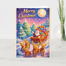 Cartão Merry Christmas Santa Sleigh and Reindeer Winter