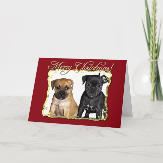 Cartão Merry Christmas Staffordshire Bull terriers (Frente)