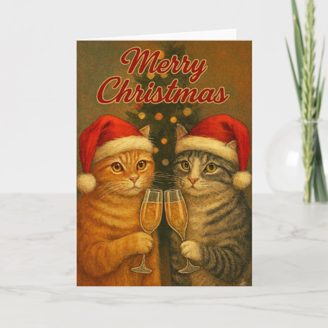 Cartão Merry Christmas – Toasting Cats Under the Tree   (Frente)