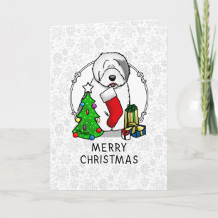 Cartão Merry Christmas Tree 2 Old English Sheepdog Gray 1