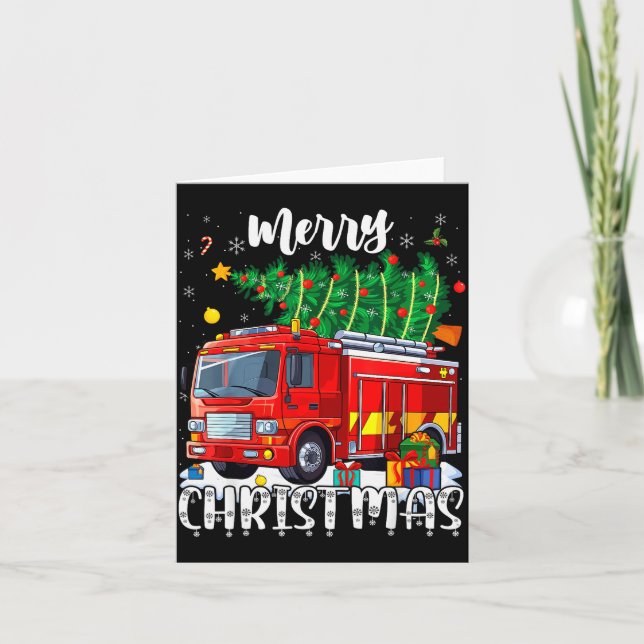 Cartão Merry Christmas Tree Firetruck Pajama Firefighter  (Frente)