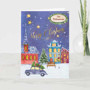 Cartão Merry Christmas Village Name Snow