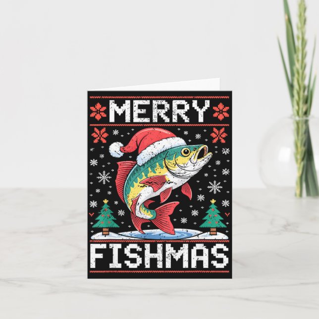 Cartão Merry Fishmas Ugly Christmas Sweater Fishing Lover (Frente)