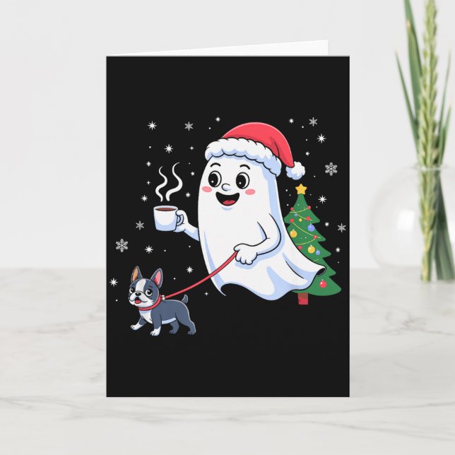 Cartão Merry Ghost Walking Boston Terrier Dog Natal  (Frente)