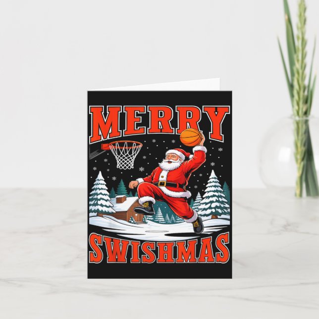 Cartão Merry Swishmas Santa Playing Basketball Christmas  (Frente)