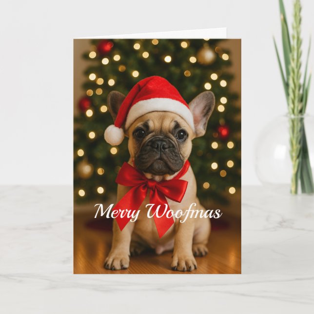 Cartão Merry Woofmas French Bulldog Christmas Card (Frente)