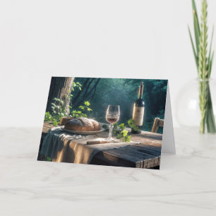 Cartão Mesa De Ação De Graças Com Vinho Em Uma Floresta