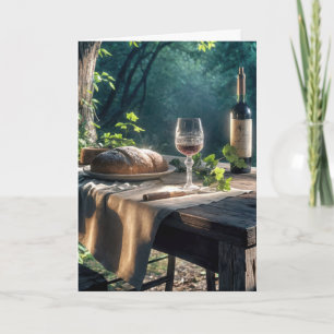 Cartão Mesa De Ação De Graças Com Vinho Em Uma Floresta