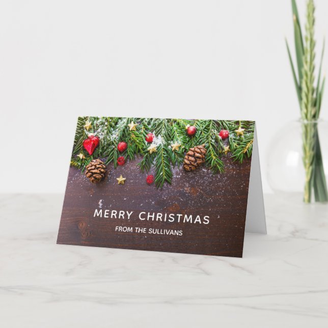 Cartão Mesa de Natal Rústica com Pinheiro e Neve Natal (Frente)
