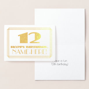 Cartão Metalizado 12 Birthday; Name + Art Deco Inspiraram "12"