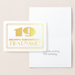 Cartão Metalizado 19.o aniversário; Nome + Art Deco Inspira "19"