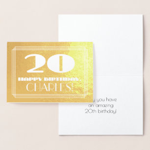 Cartão Metalizado 20 Aniversário: Nome + Arte Deco Inspiraram "20"