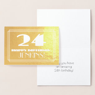 Cartão Metalizado 24.o aniversário: Nome + Art Deco Inspirado "24"