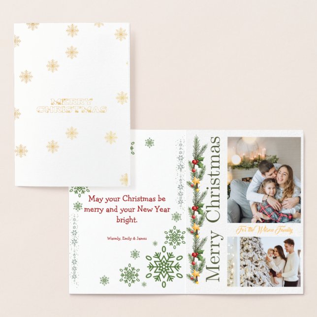 Cartão Metalizado 2 Photo Collage Merry Christmas Green Holiday Card (Exibição)