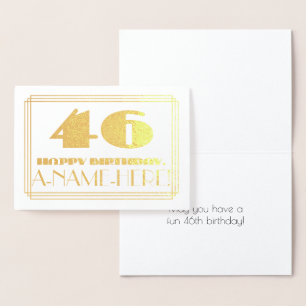 Cartão Metalizado 46.o aniversário; Nome + Art Deco Inspirado "46"