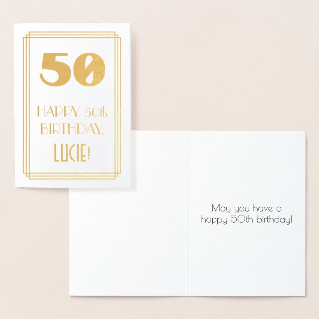 Cartão Metalizado 50.º aniversário: Art Deco Inspirou "50" & Nome (Exibição)