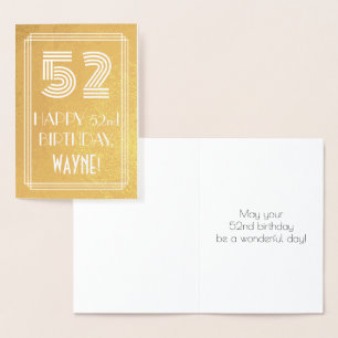 Cartão Metalizado 52.º Aniversário - Art Deco Inspira "52" + Nome