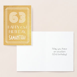 Cartão Metalizado 63.º aniversário - Art Deco Inspirou "63" + Nome