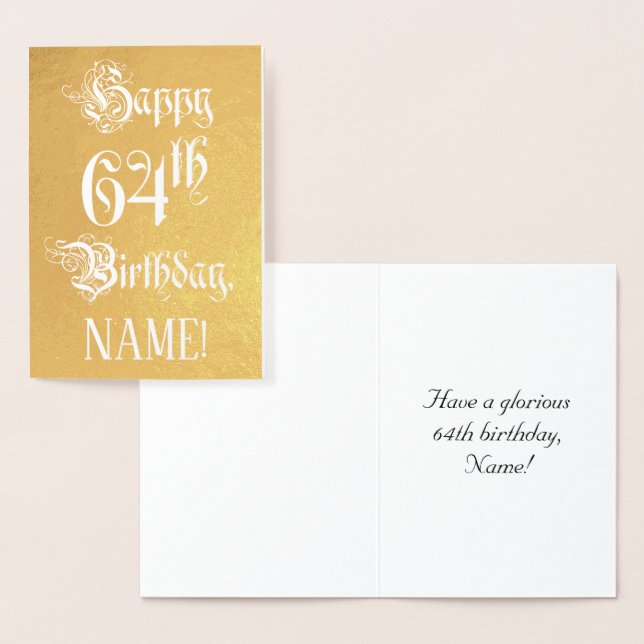 Cartão Metalizado 64th Birthday: Elegant, Ornate Script; Custom Name (Exibição)