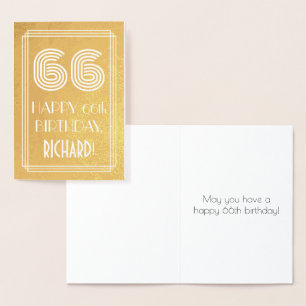 Cartão Metalizado 66.o aniversário - Art Deco Inspira "66" + Nome