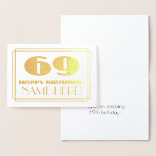 Cartão Metalizado 69.º aniversário; Nome + Art Deco Inspiraram "69"