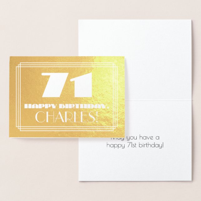 Cartão Metalizado 711 Aniversário: Nome + Arte Deco Inspiraram "71" (Exibição)