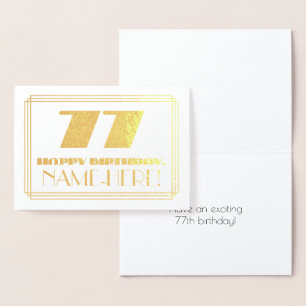 Cartão Metalizado 77.o aniversário; Nome + Art Deco Inspirado "77"