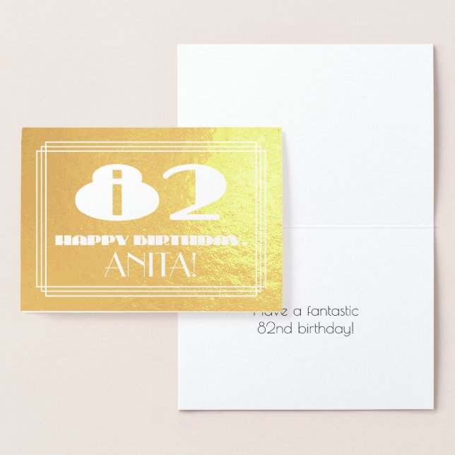 Cartão Metalizado 82.º Aniversário: Nome + Art Deco Inspiraram "82" (Exibição)