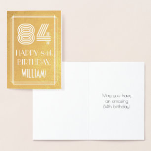 Cartão Metalizado 84.º aniversário - Art Deco Inspirou "84" + Nome