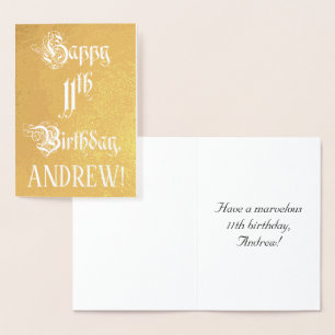 Cartão Metalizado Aniversário de 11: Elegante, Script de Ornamentad