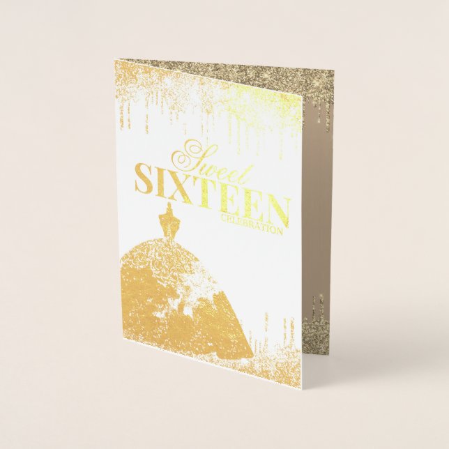 Cartão Metalizado Aniversário de 16 anos Dourado Glamour Brilho Gota (Frente)