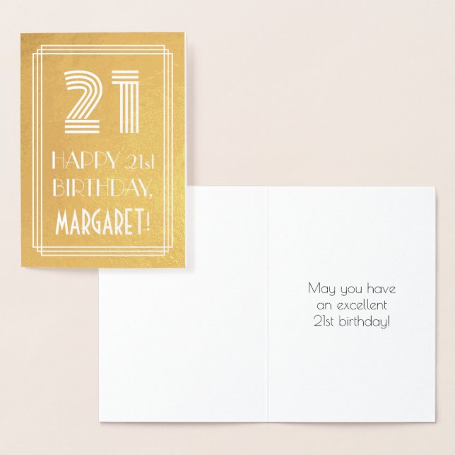 Cartão Metalizado aniversário de 21 anos - Art Deco Inspira "21" + N (Exibição)