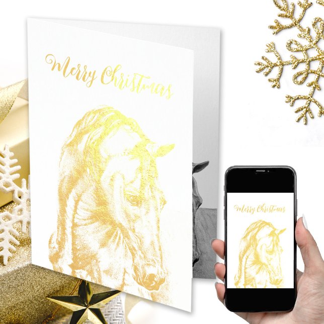 Cartão Metalizado Arte sobre cavalos desenhando folha de verdade Fel (Real gold foil horse art Christmas card, gold Merry Christmas, gold horse, horse lover, equestrian)