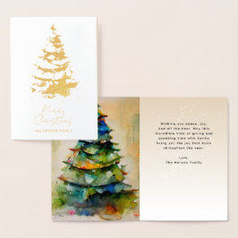 Cartão Metalizado Árvore de Natal Artística em Aquarela Festiva com