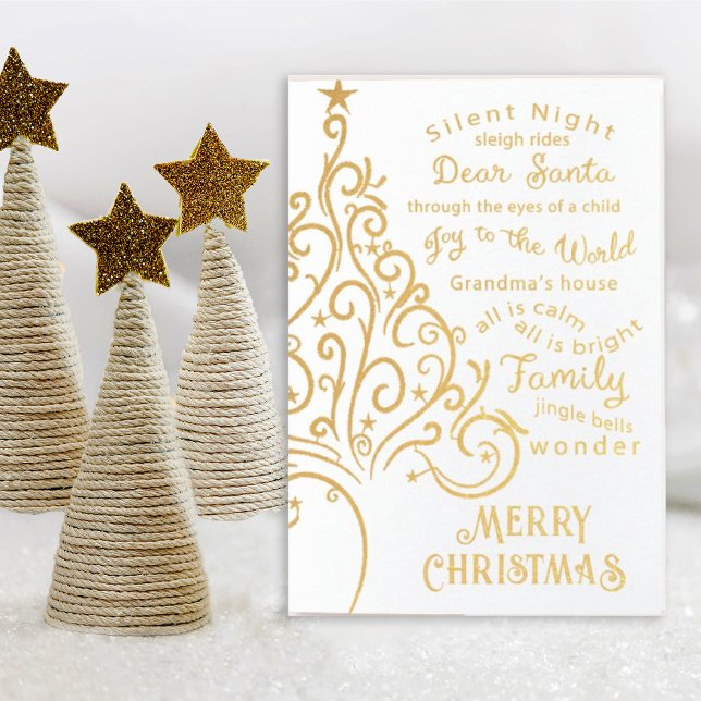 Cartão Metalizado Árvore de Natal Elegante em Branco (Enjoy the holidays with this swirly elegant gold foil card with words surrounding Christmas.)