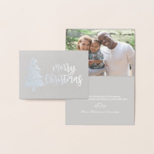 Cartão Metalizado Árvore Feliz de Natal - script de caligrafia prate