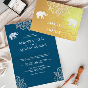 Cartão Metalizado Azul Oceano Henna Elefante Casamento Indiano Doura