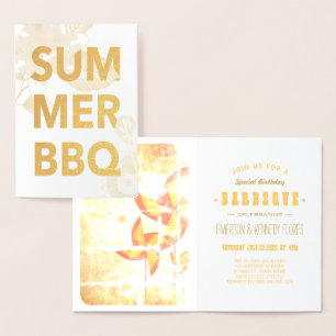 Cartão Metalizado BBQ de VERÃO com folha dourada floral