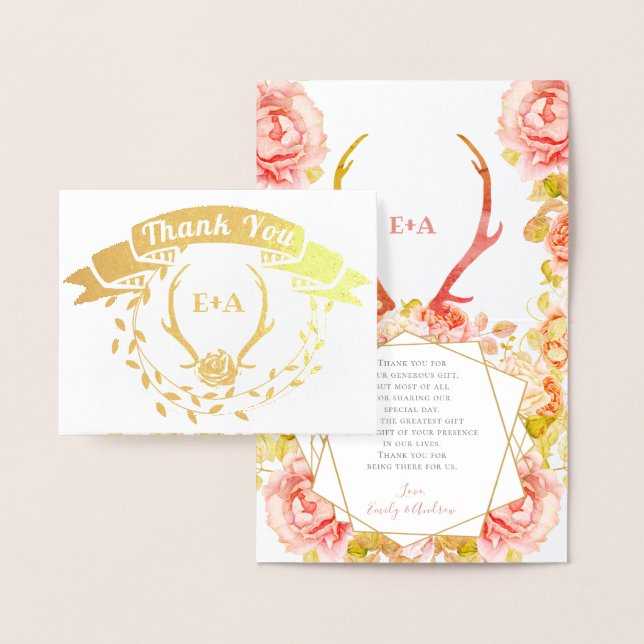 Cartão Metalizado Boho Bohemian Deer Antler e Rosa Casamento Rosa (Display)