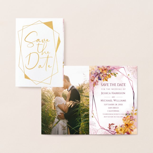 Cartão Metalizado Calliografia Geométrica Marsala Foto Salvar Data (Exibição)