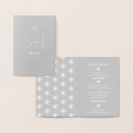 Cartão Metalizado Cardápio de casamento de flocos de neve elegantes 