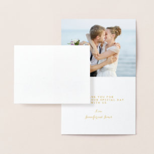 Cartão Metalizado Casamento com Script Gold Foil Mahalo Obrigado Fot